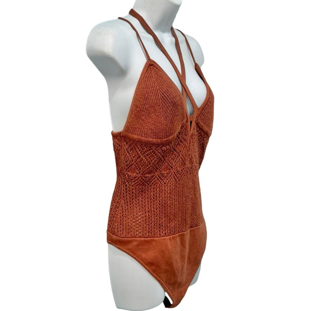 Abercrombie and Fitch Brown Thong Knit Crochet Halter Strappy Bodysuit Size L - Picture 8 of 10
